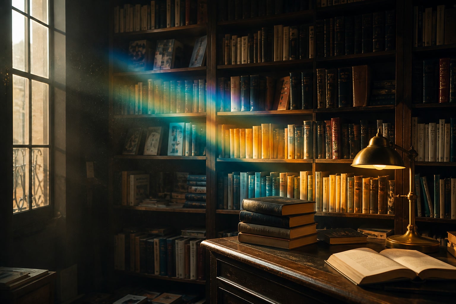 Sebo com prateleiras de livros, lumiar de prisma e uma mesa de leitura